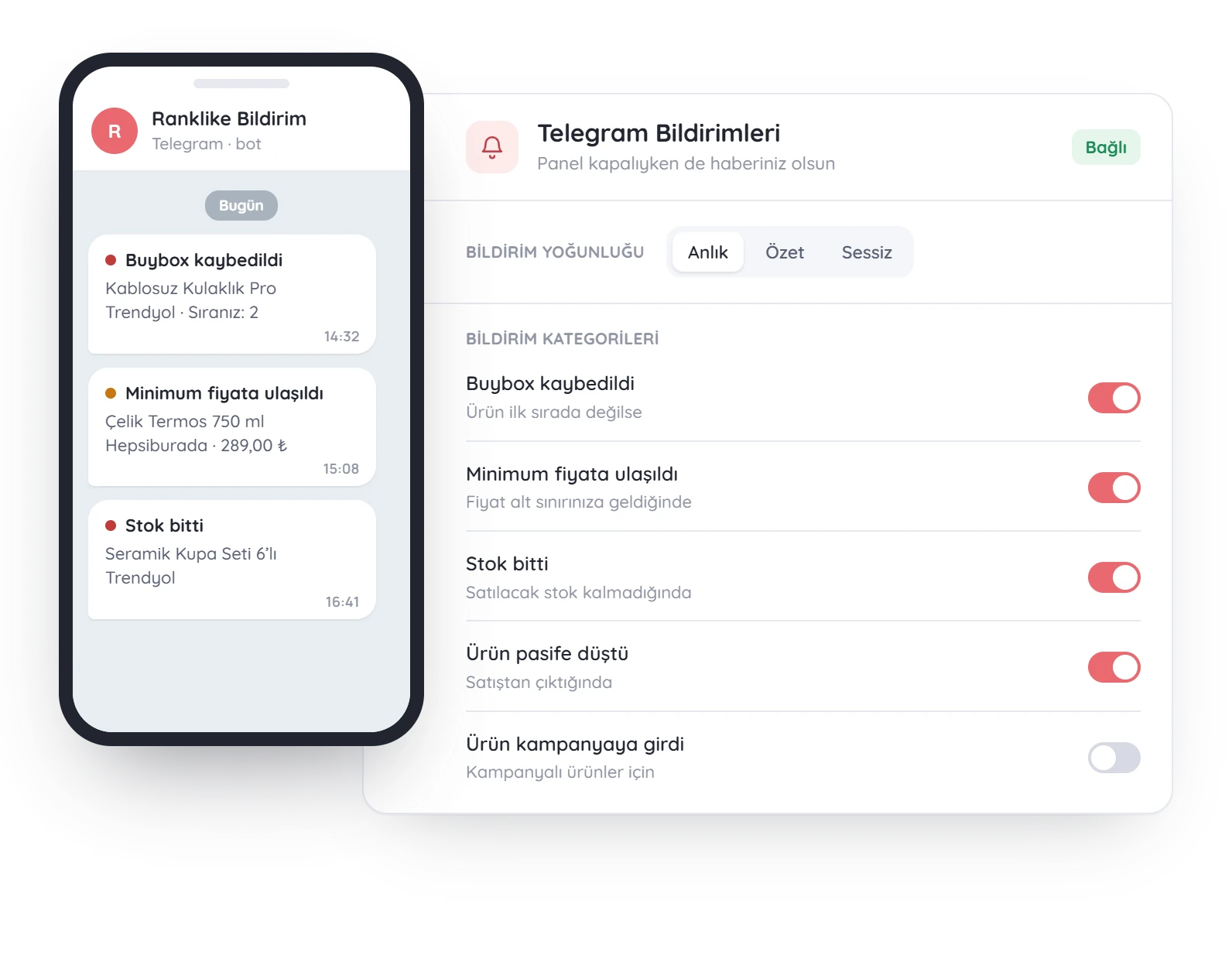Telegram bildirimleri: buybox kaybı, minimum fiyat ve stok bitti uyarıları telefonda, kategori ayarları